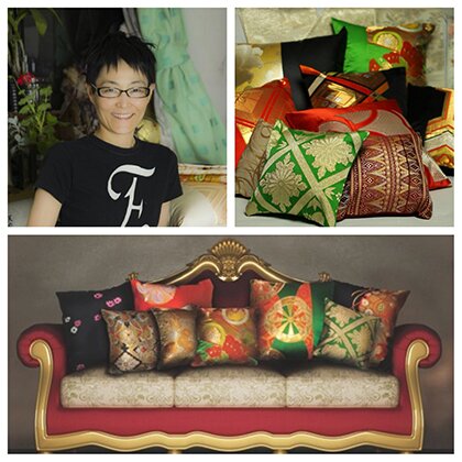 (Top left), Chizuko Takahashi, photo by Keita Shimmei; (right); customized cushions, Photo by Keita Shimmei; (bottom) photo courtesy of @HOME Magazine, Singapore